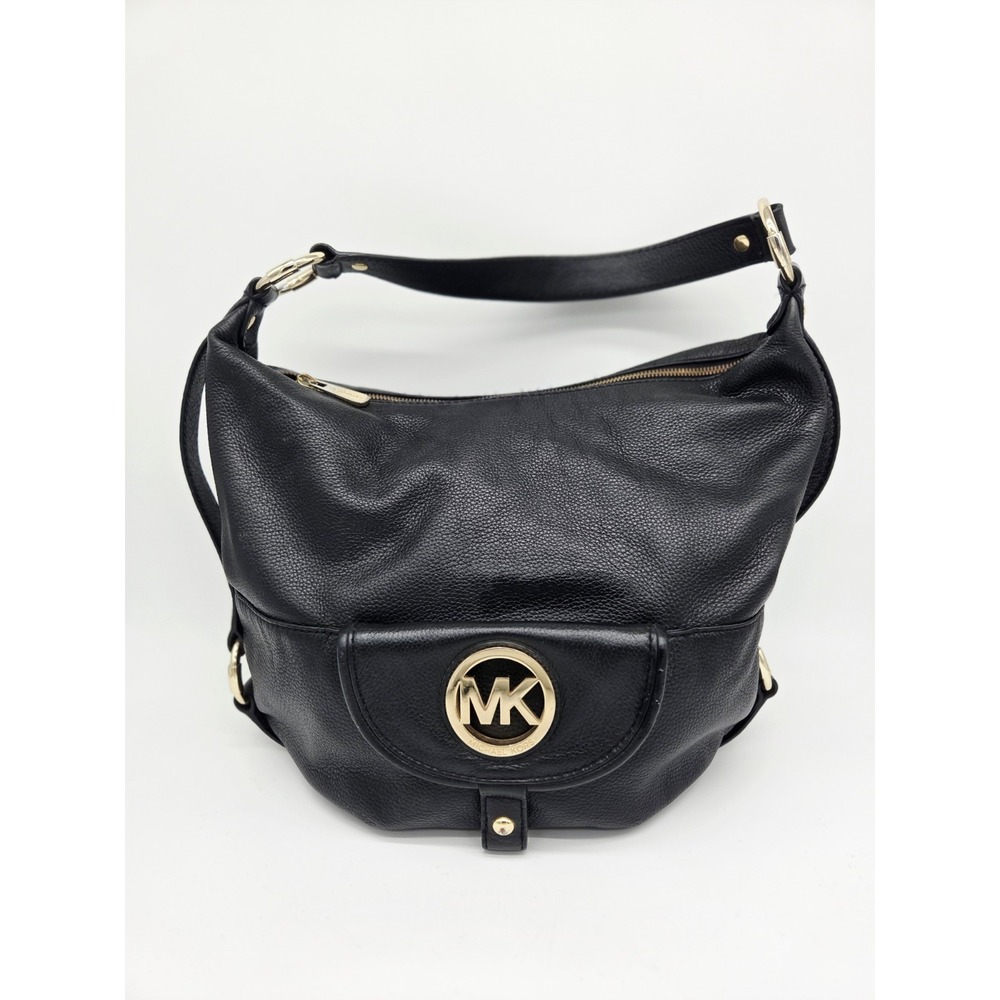 Michael Kors Fulton Hobo Bag Black Pebbled Leather Gold MK Logo Lg Shoulder